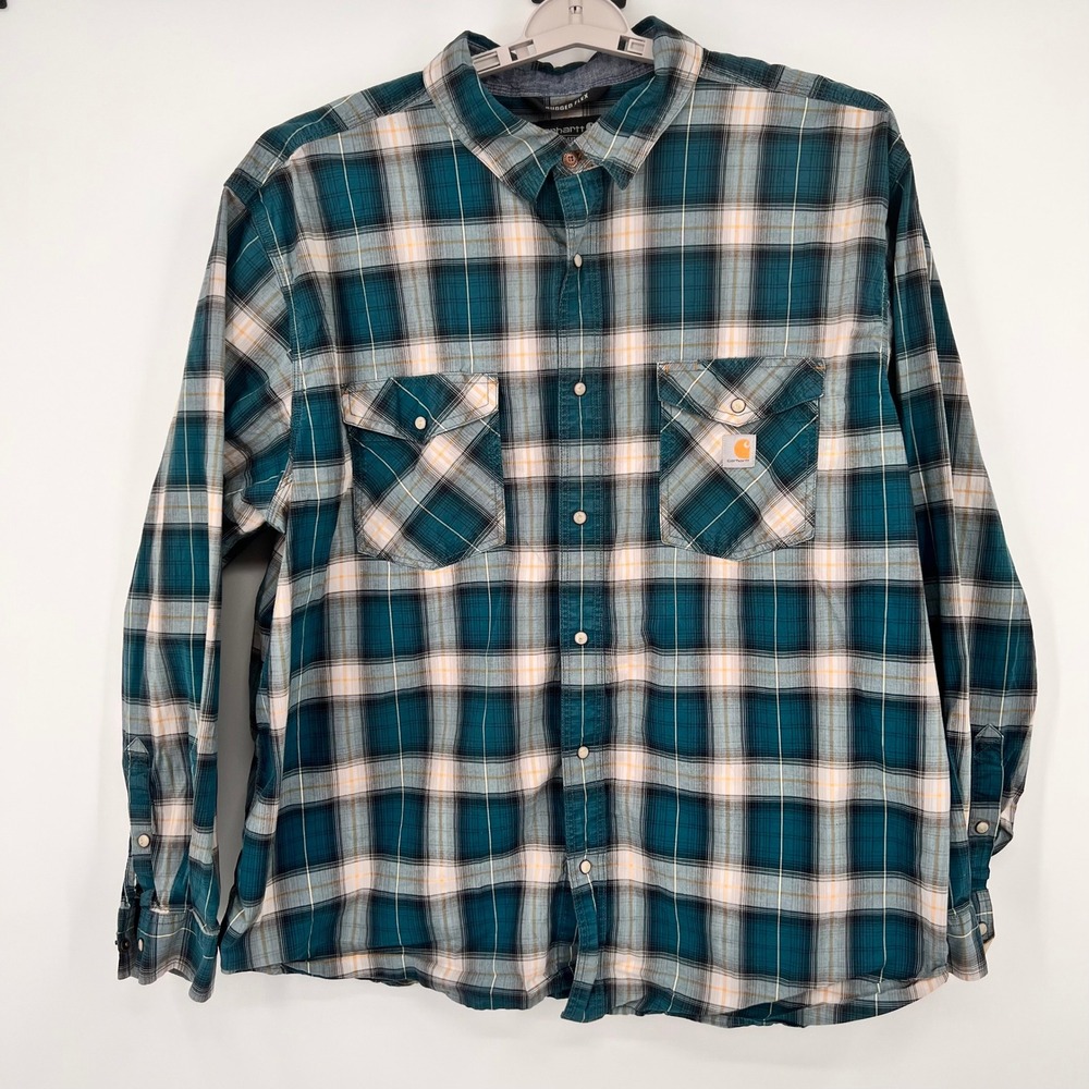 Carhartt Rugged Flex Relaxed Fit Plaid Flannel Shirt Mens 3XL‎ Teal Peark Snap